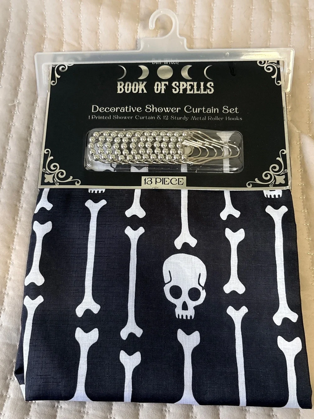 NWT Summerween Skull & Bones Decorative Shower Curtain Set - Black and White
